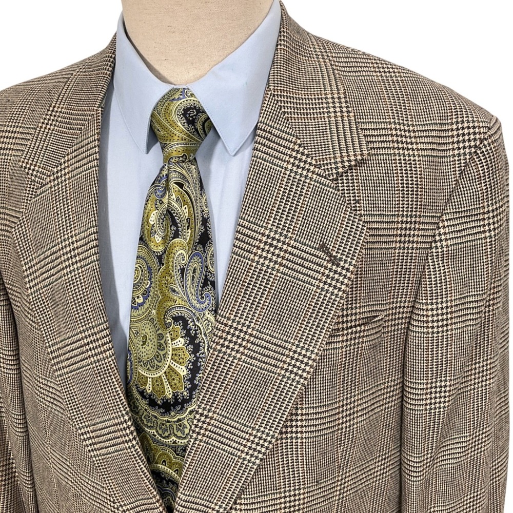 Oscar de la Renta Blazer Mens 44R Tan Black Retro Plaid Sport Coat Tailored